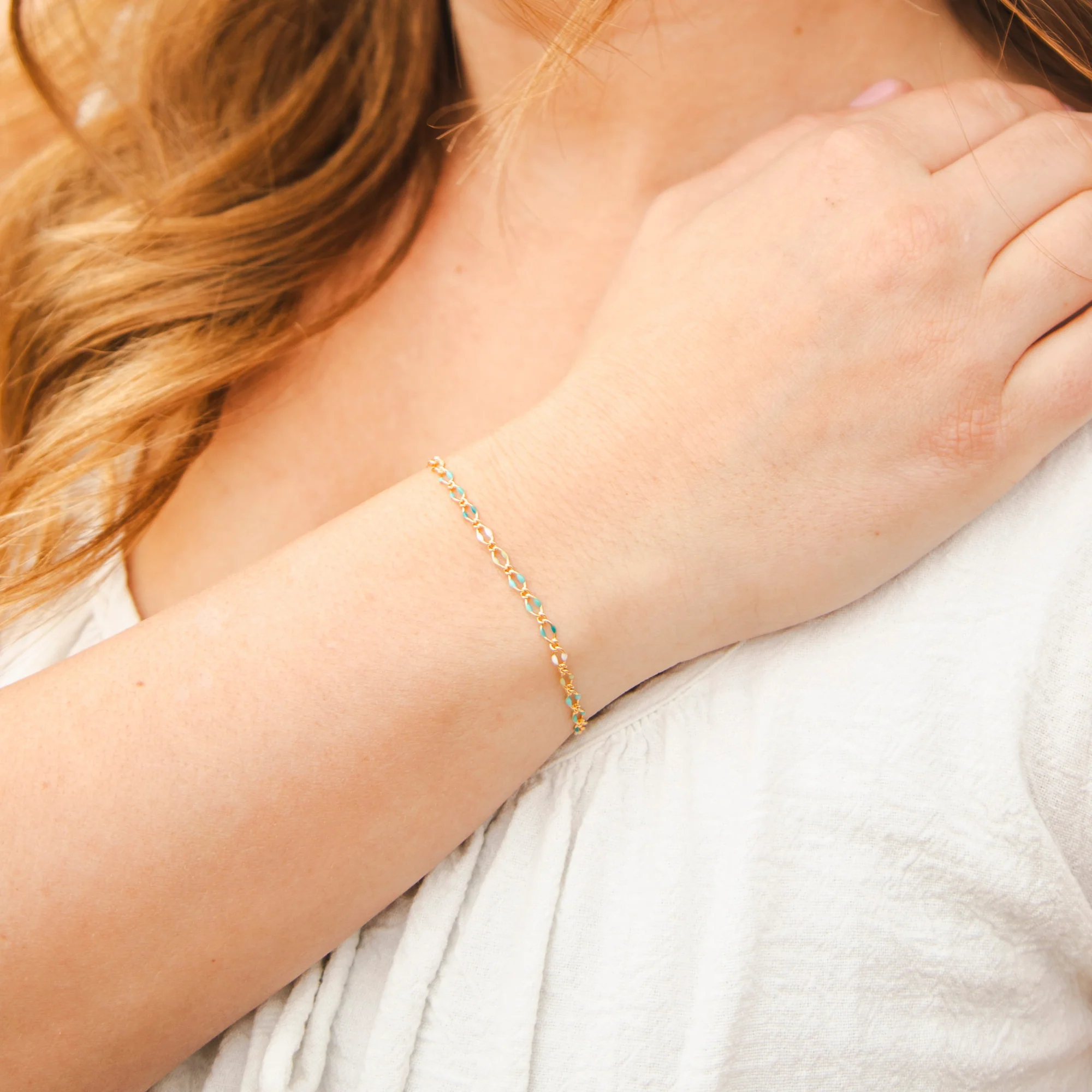 Jasmine Permanent Jewelry Chain, Figaro Design with Enamel Beads, Available in Silver and Gold Options - Image 7